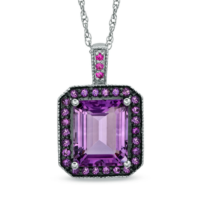 Rectangular Amethyst and Lab-Created Pink Sapphire Pendant in Sterling Silver