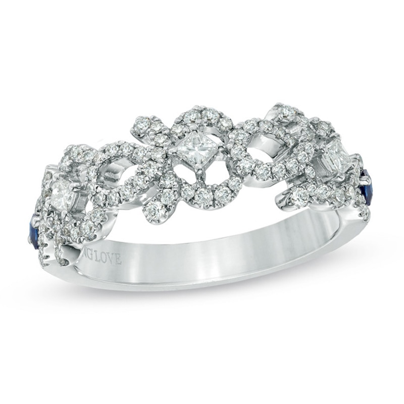 Vera Wang Love Collection 0.45 CT. T.W. Diamond and Blue Sapphire Curlique Band in 14K White Gold