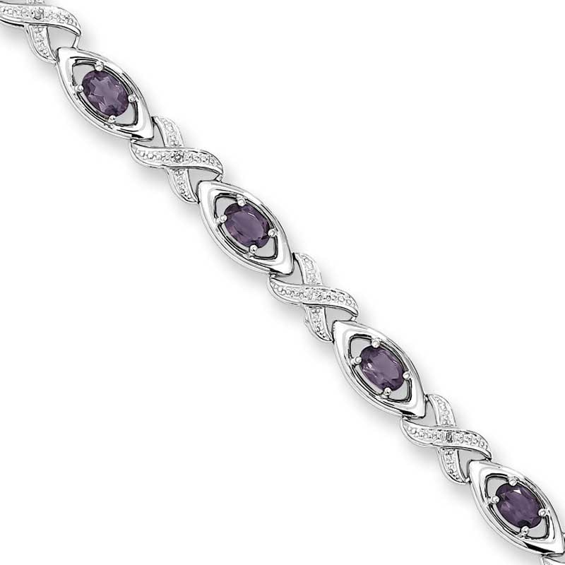 Oval Amethyst and Diamond Accent "X" Link Bracelet in Sterling Silver - 7.5"