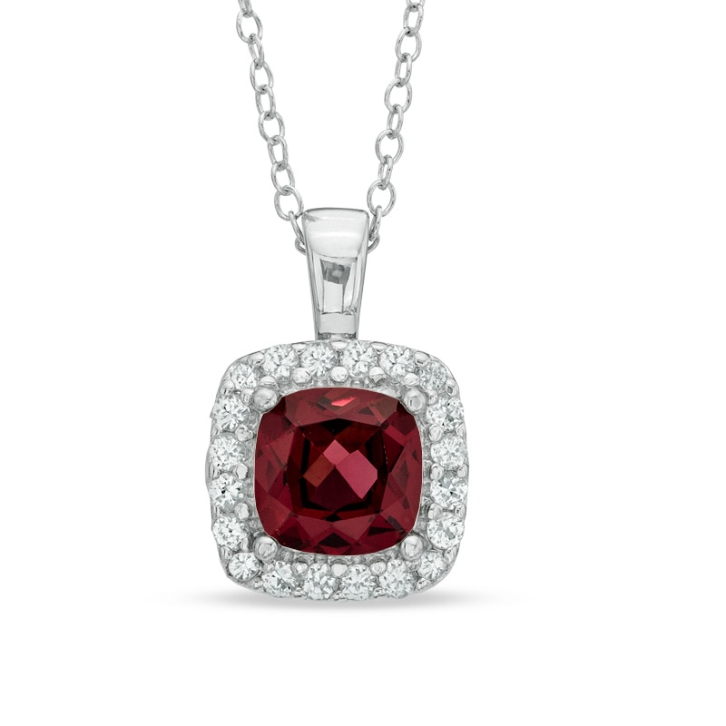 7.0mm Cushion-Cut Garnet and Lab-Created White Sapphire Frame Pendant in Sterling Silver