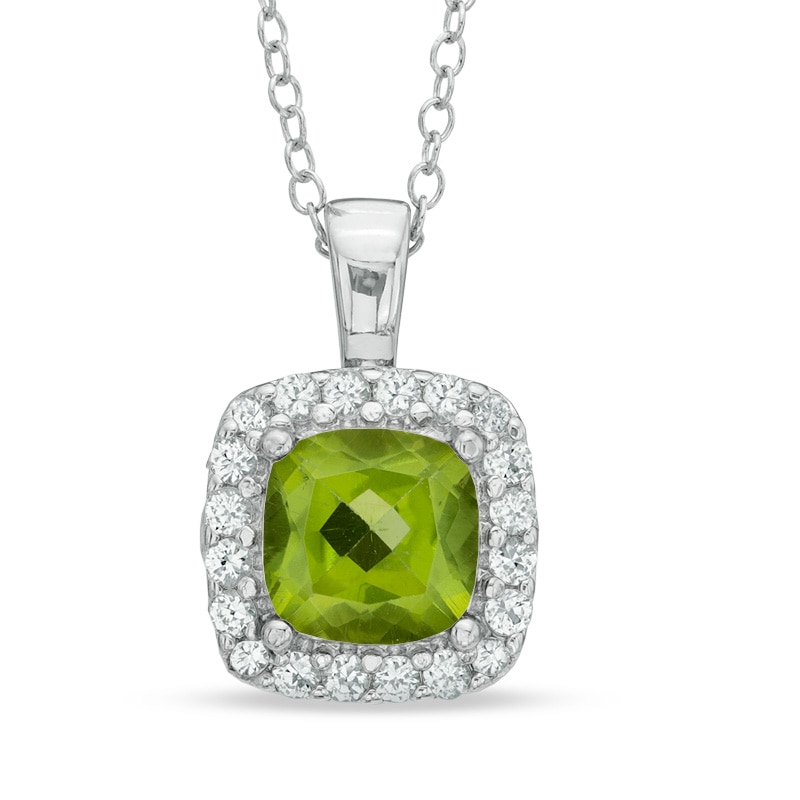 7.0mm Cushion-Cut Peridot and Lab-Created White Sapphire Frame Pendant in Sterling Silver