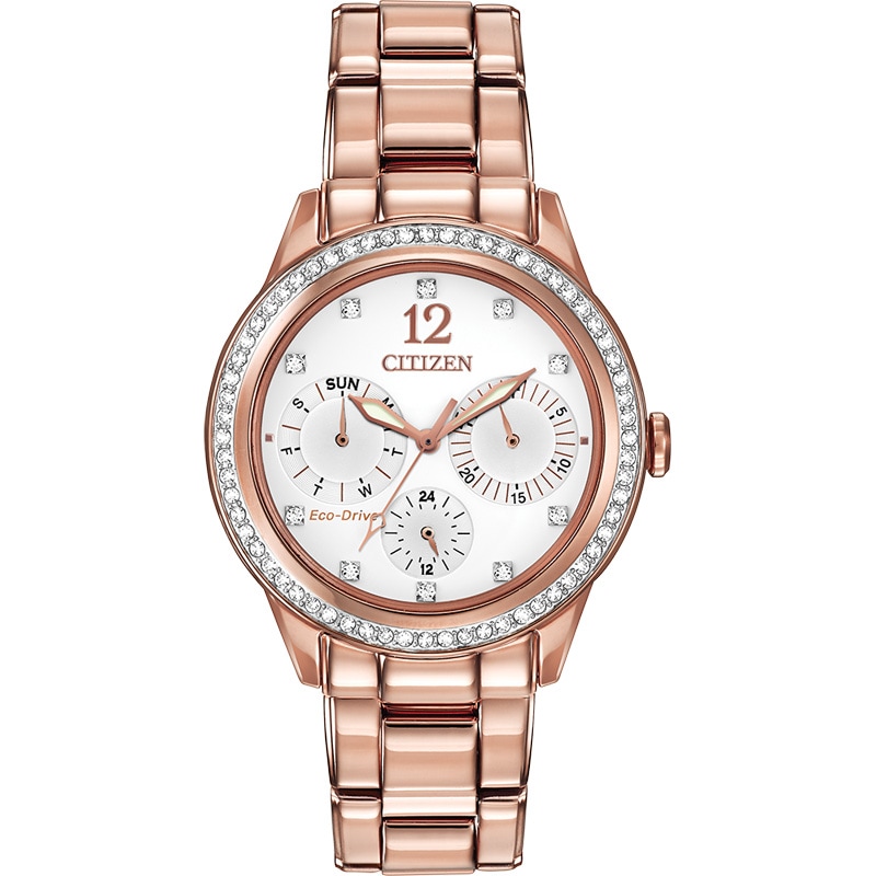 Ladies' Citizen Eco-Drive® Crystal Chronograph Rose-Tone Watch with White Dial (Model: FD2013-50A)