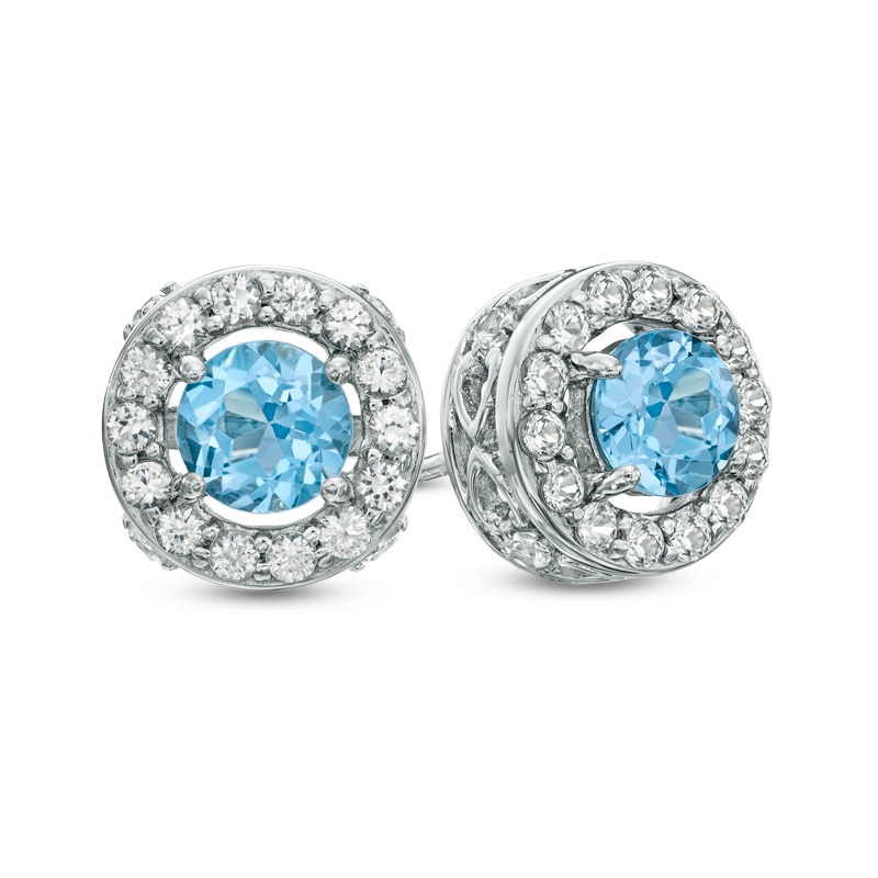 5.0mm Swiss Blue Topaz and Lab-Created White Sapphire Frame Stud Earrings in Sterling Silver