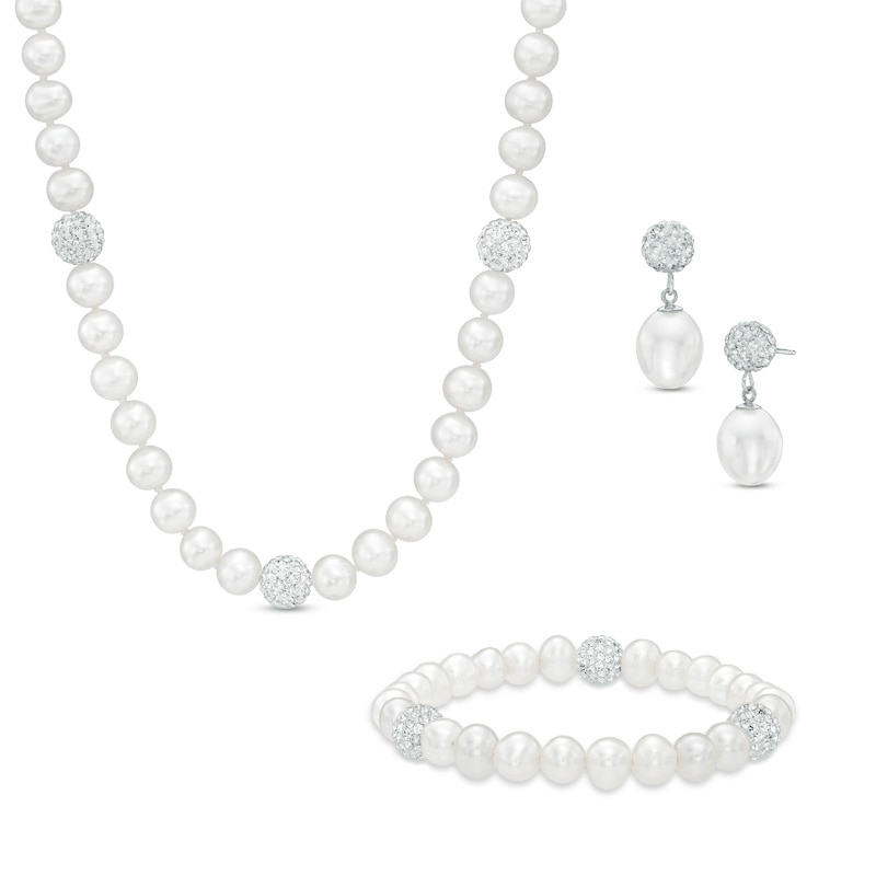 6.0 - 8.0mm Cultured Freshwater Pearl and Crystal Bead Necklace, Bracelet and Earrings Set in Sterling Silver