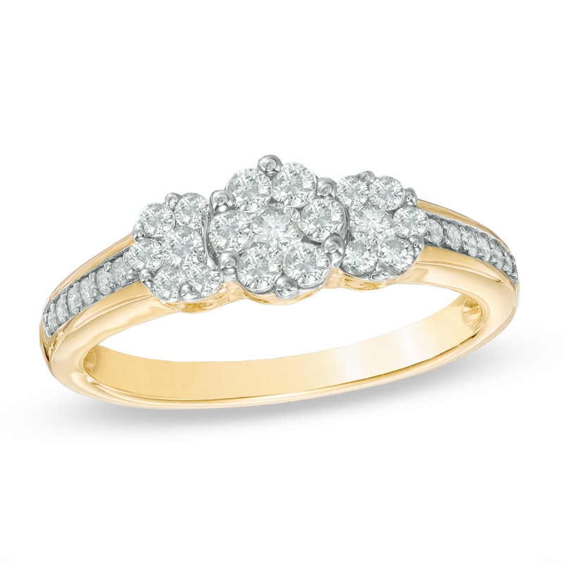 0.50 CT. T.W. Diamond Cluster Three Stone Ring in 10K Gold