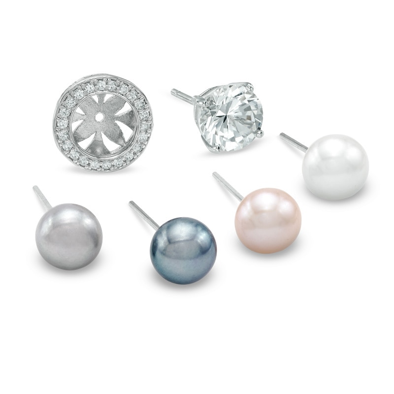 6.5mm Lab-Created White Sapphire and Cultured Freshwater Pearl Earrings and Jacket Set in Sterling Silver
