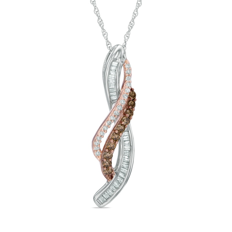 0.33 CT. T.W. Champagne and White Diamond Wave Overlay Pendant in 10K Two-Tone Gold