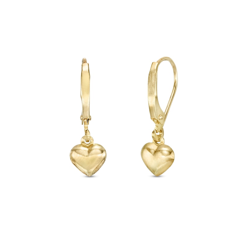 Small Puffed Heart Drop Earrings in 10K Gold