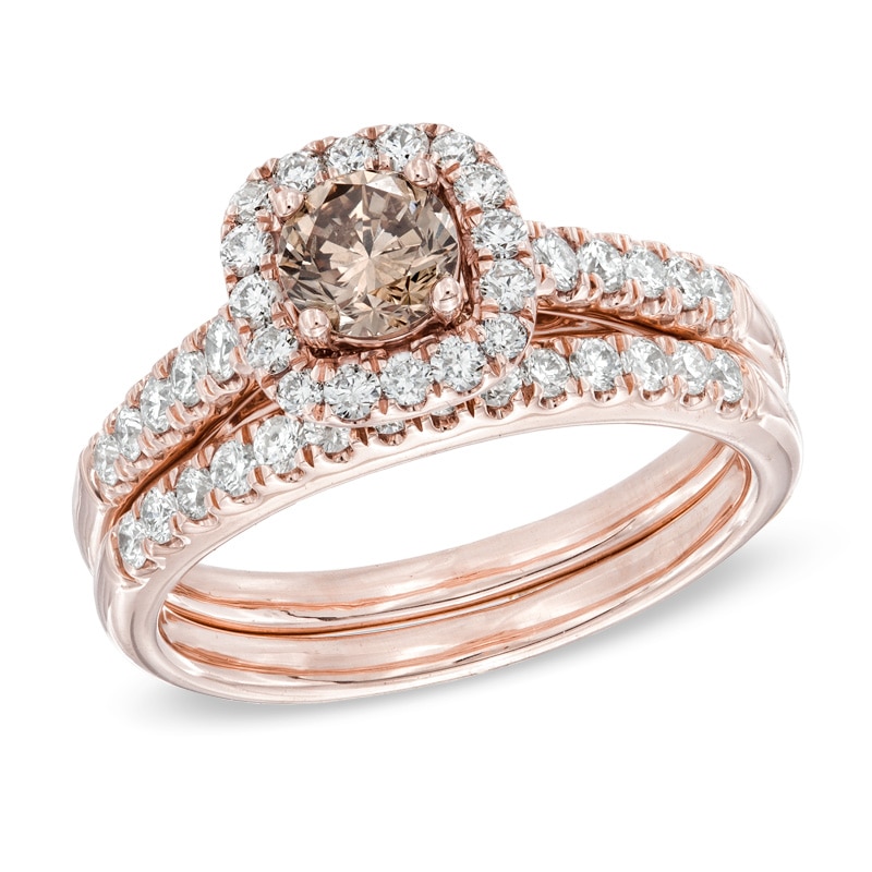 1.25 CT. T.W. Champagne and White Diamond Frame Bridal Set in 14K Rose Gold