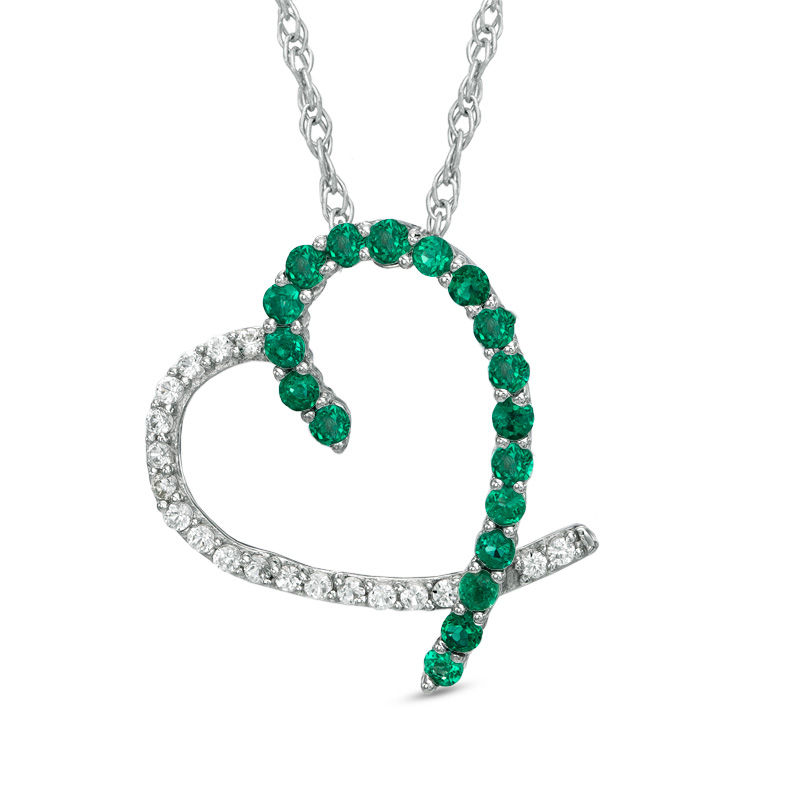 Lab-Created Emerald and White Sapphire Heart Pendant in Sterling Silver