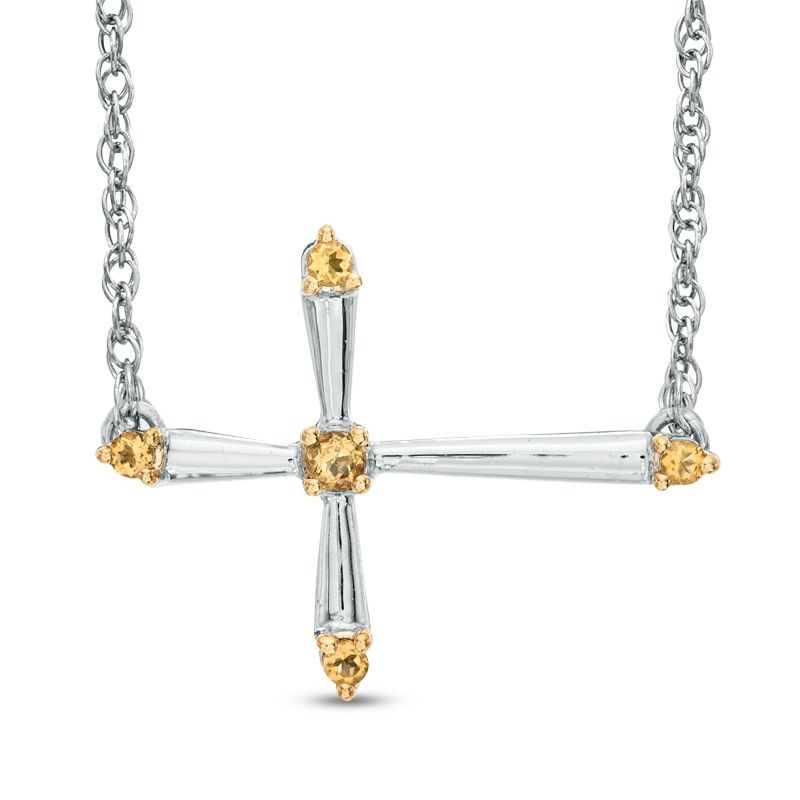 Citrine Sideways Cross Necklace in Sterling Silver