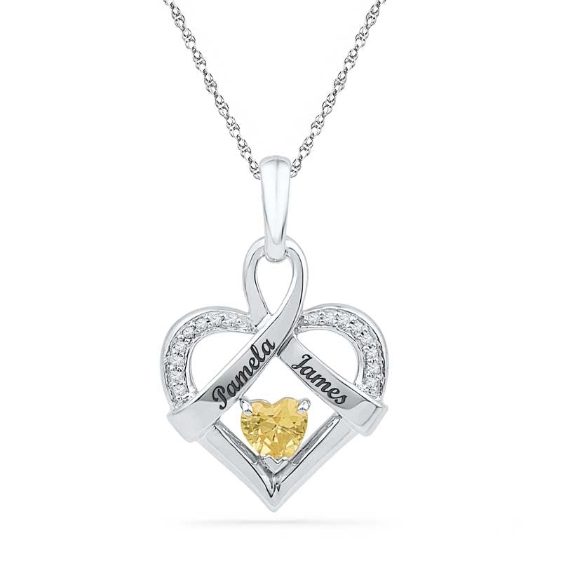 Couple's Citrine and Diamond Accent Ribbon Heart Pendant in Sterling Silver (2 Lines)