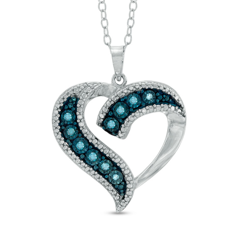 0.11 CT. T.W. Enhanced Blue Diamond Beaded Ribbon Heart Pendant in Sterling Silver