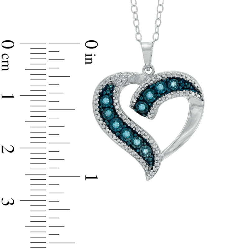 0.11 CT. T.W. Enhanced Blue Diamond Beaded Ribbon Heart Pendant in Sterling Silver