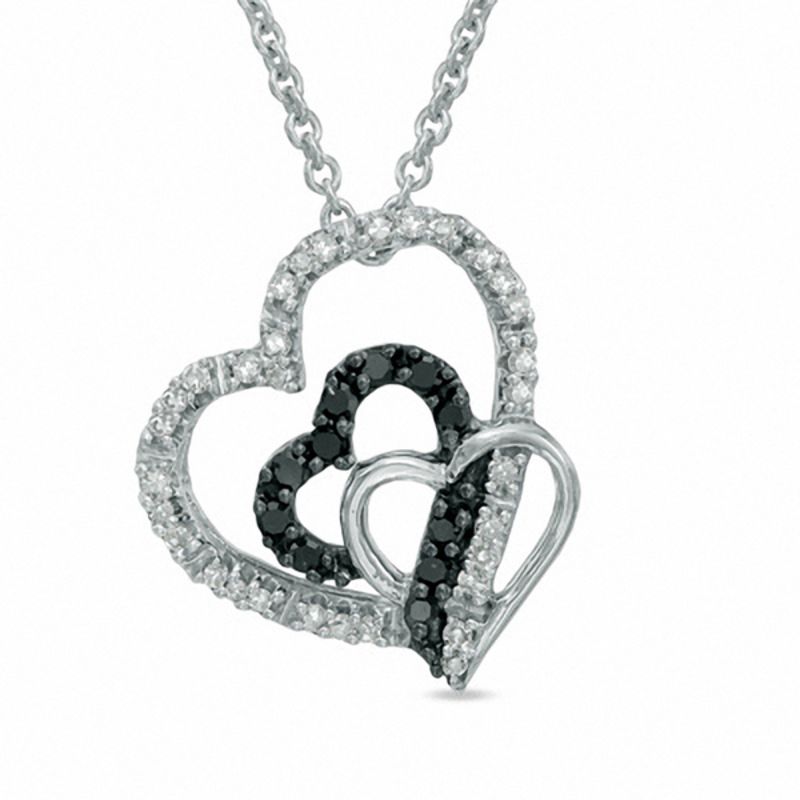 0.15 CT. T.W. Enhanced Black and White Diamond Three Hearts Pendant in Sterling Silver