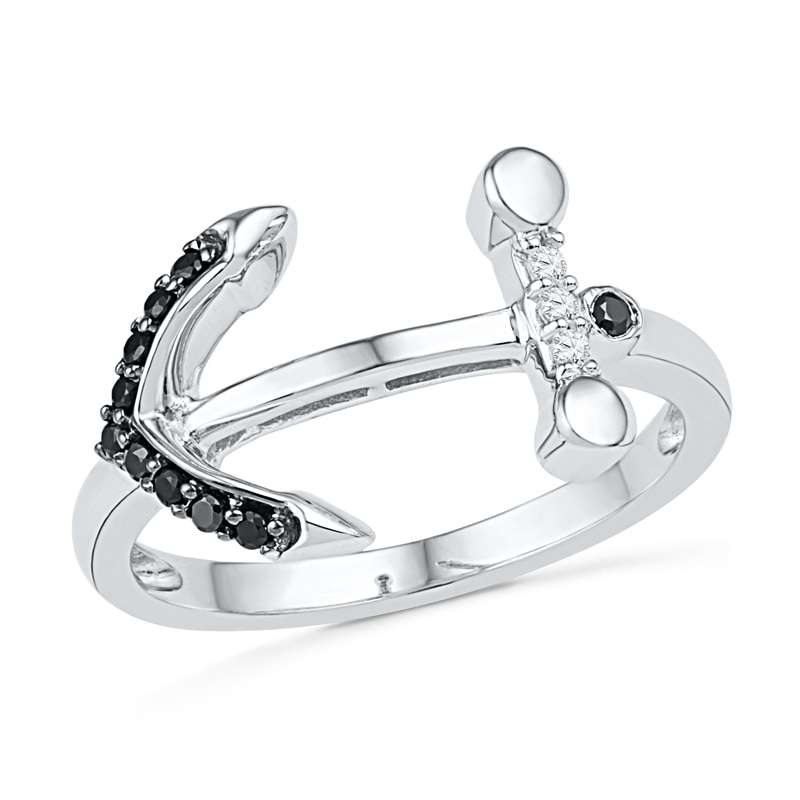 0.10 CT. T.W. Enhanced Black and White Diamond Sideways Anchor Ring in Sterling Silver