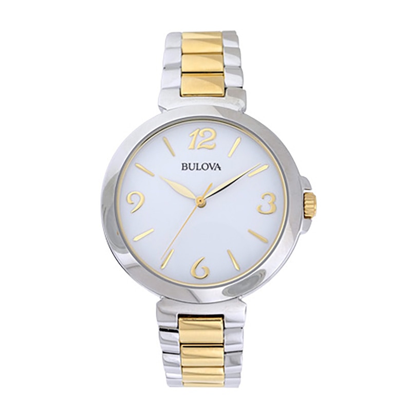 Ladies' Bulova Two-Tone Watch with White Dial (Model: 96P144)
