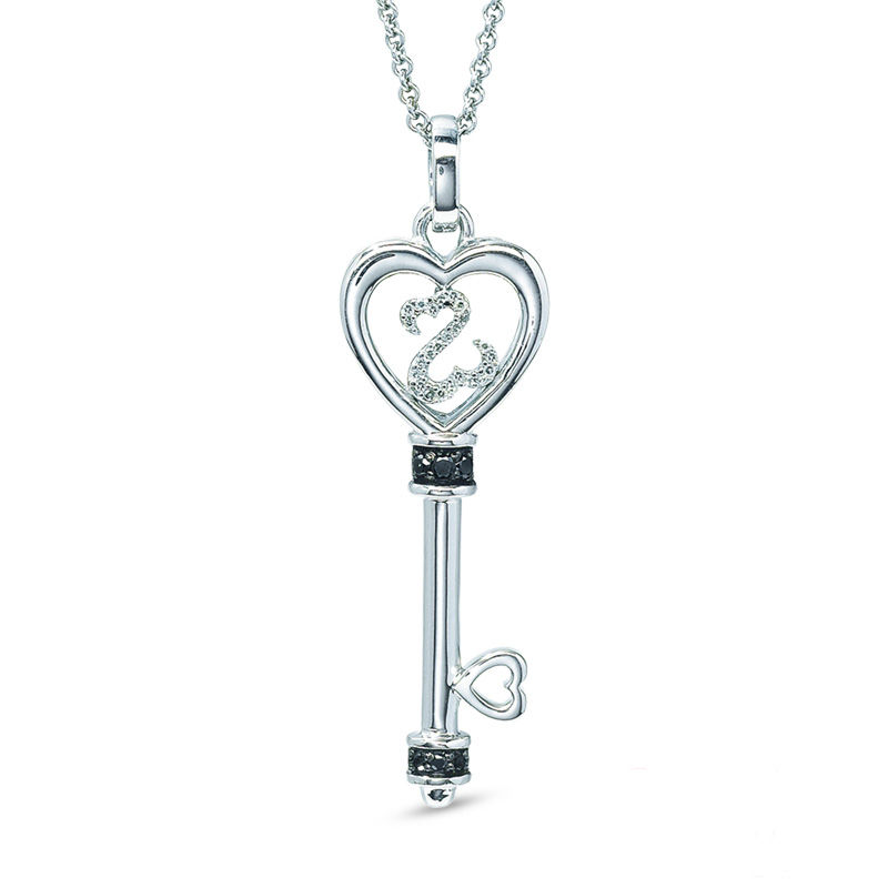 Open Hearts by Jane Seymour™ 0.065 CT. T.W. Enhanced Black and White Diamond Top Key Pendant in Sterling Silver