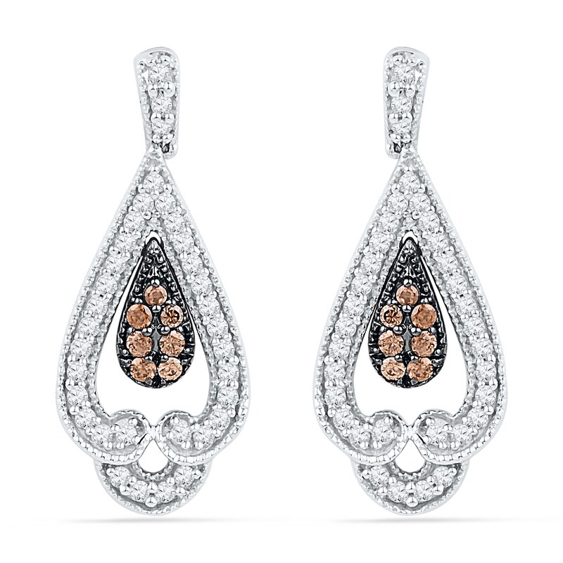 0.50 CT. T.W. Champagne and White Diamond Vintage-Style Teardrop Earrings in 10K White Gold