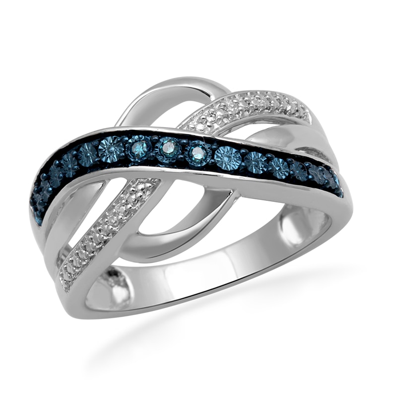 Enhanced Blue and White Diamond Accent Multi-Row Ribbon Ring in Sterling Silver