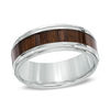 Thumbnail Image 0 of Men's 8.0mm Comfort Fit Stainless Steel and Wood Grain Carbon Fiber Inlay Wedding Band - Size 10