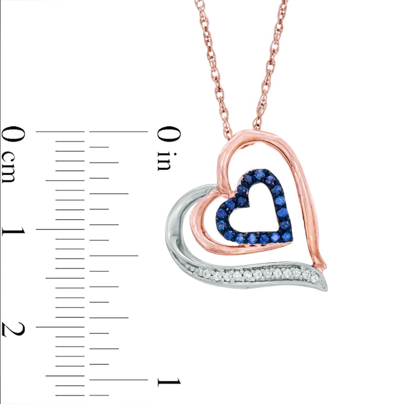 Lab-Created Blue Sapphire and Diamond Accent Double Heart Pendant in Sterling Silver and 10K Rose Gold