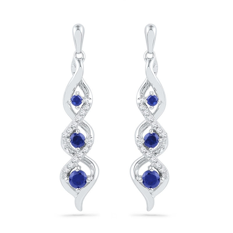 Lab-Created Blue Sapphire and 0.12 CT. T.W. Diamond Swirl Three Stone Drop Earrings in Sterling Silver