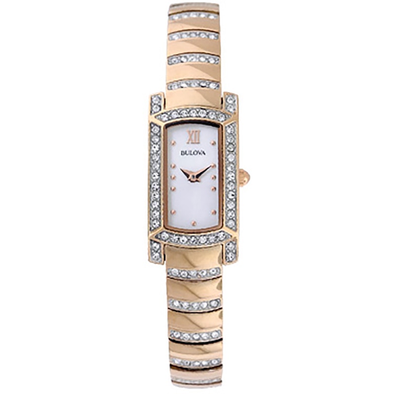 Ladies' Bulova Crystal Accent Rose-Tone Watch with Rectangular Mother-of-Pearl Dial (Model: 98L205)
