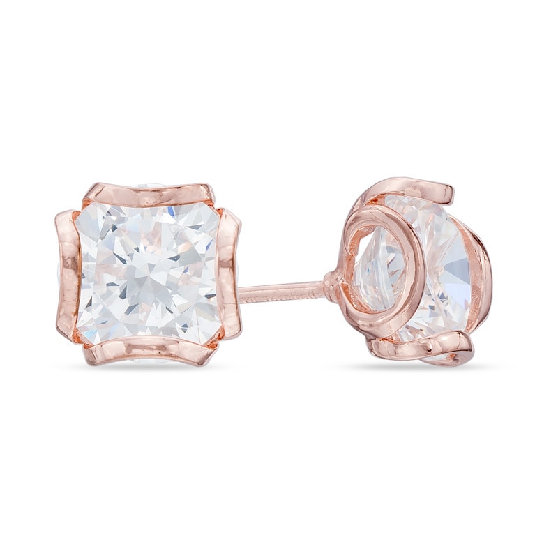 8.0mm White Lab-Created Sapphire Soliatire Stud Earrings in Sterling Silver with 18K Rose Gold Plate