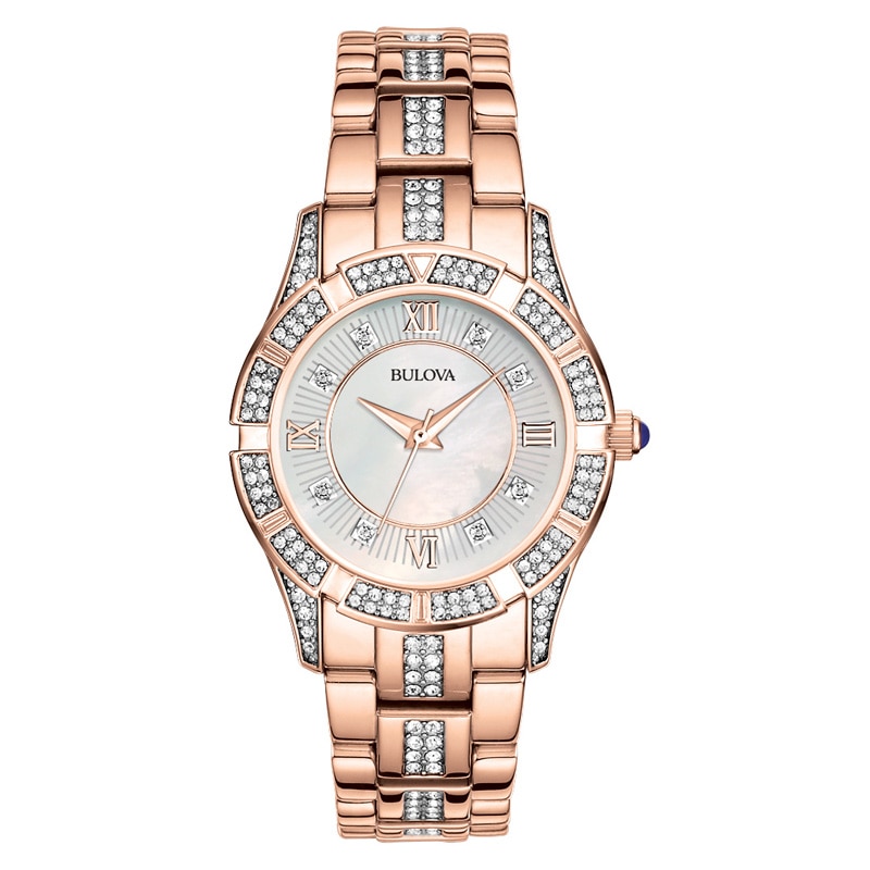 Ladies' Bulova Crystal Accent Rose-Tone Watch with Mother-of-Pearl Dial (Model: 98L197)