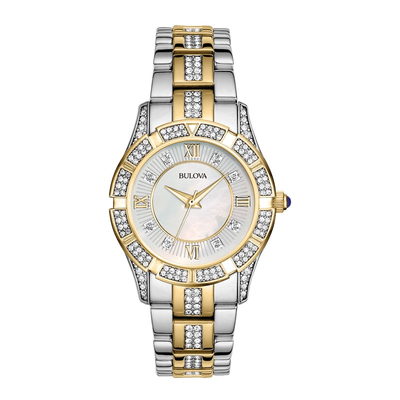Ladies' Bulova Crystal Accent Two-Tone Watch with Mother-of-Pearl (Model: 98L135)