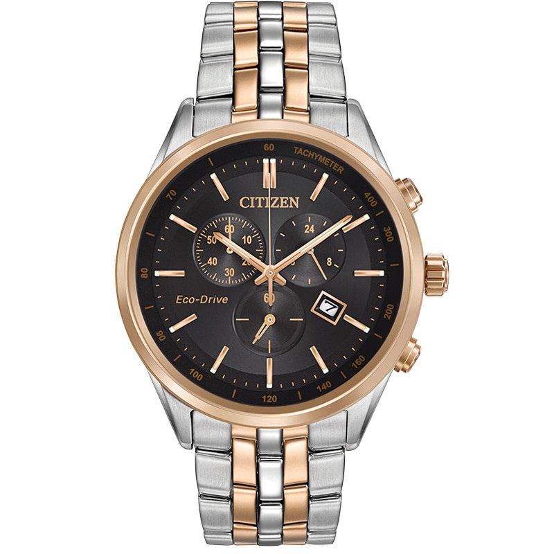 Men's Citizen Eco-Drive® Chronograph Two-Tone Watch with Black Dial (Model: AT2146-59E)