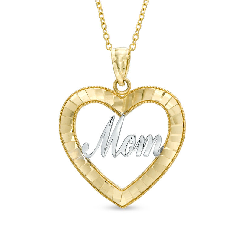 Diamond-Cut Heart with "MOM" Pendant in 10K Two-Tone Gold