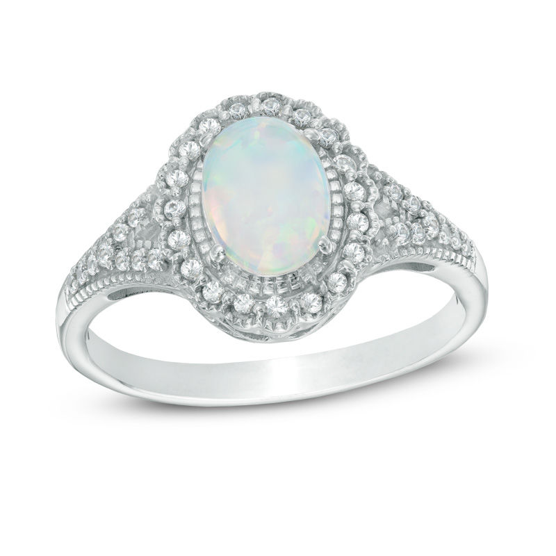 Oval Lab-Created Opal and White Lab-Created Sapphire Frame Vintage-Style Ring in Sterling Silver