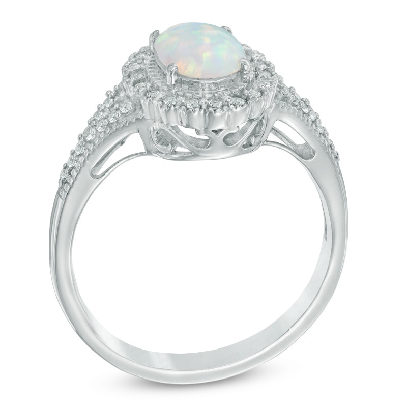 Oval Lab-Created Opal and White Lab-Created Sapphire Frame Vintage-Style Ring in Sterling Silver