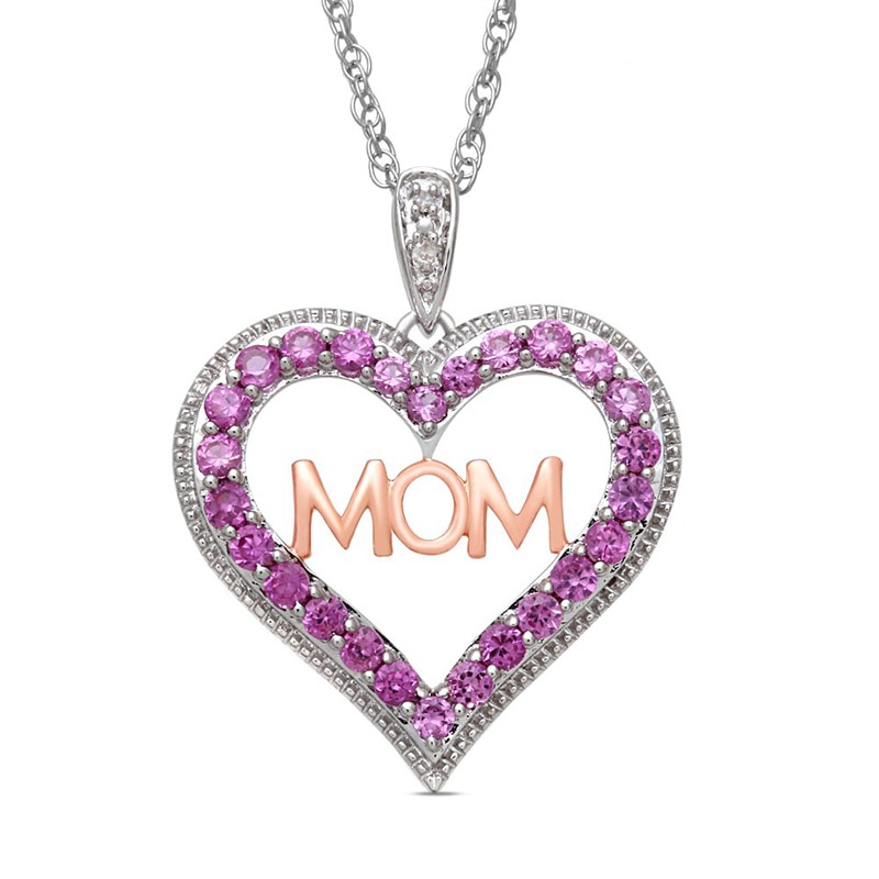Lab-Created Pink Sapphire and Diamond Accent "MOM" Heart Pendant in Sterling Silver with 14K Rose Gold Plate