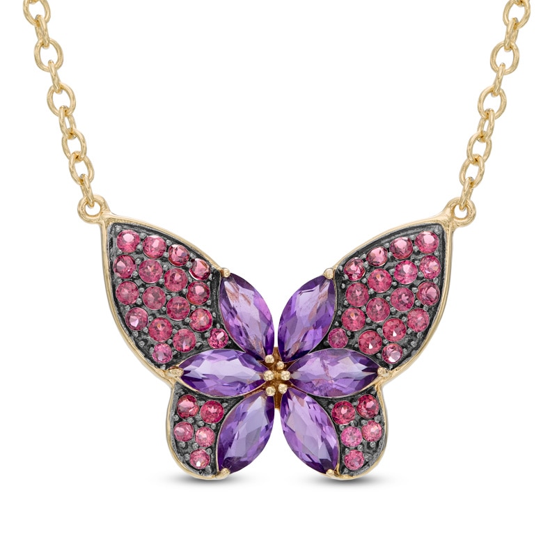 Marquise-Cut Amethyst and Rhodolite Garnet Butterfly Necklace in Sterling Silver with 18K Gold Plate