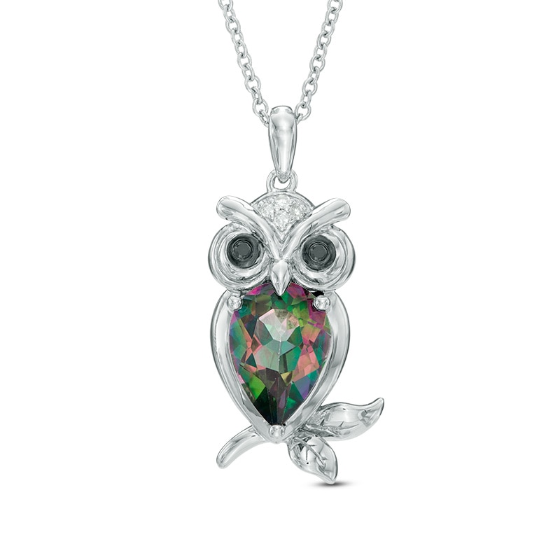 Mystic Fire® Topaz, Black Diamond Accent and Lab-Created White Sapphire Owl Pendant in Sterling Silver