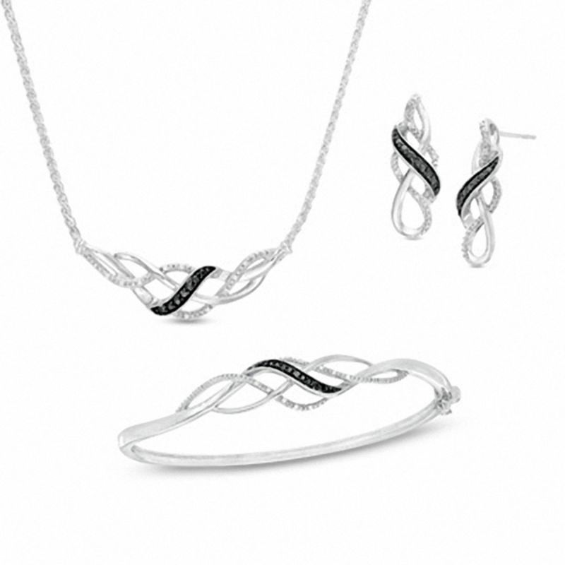 0.11 CT. T.W. Enhanced Black and White Diamond Loose Braid Three Piece Set in Sterling Silver