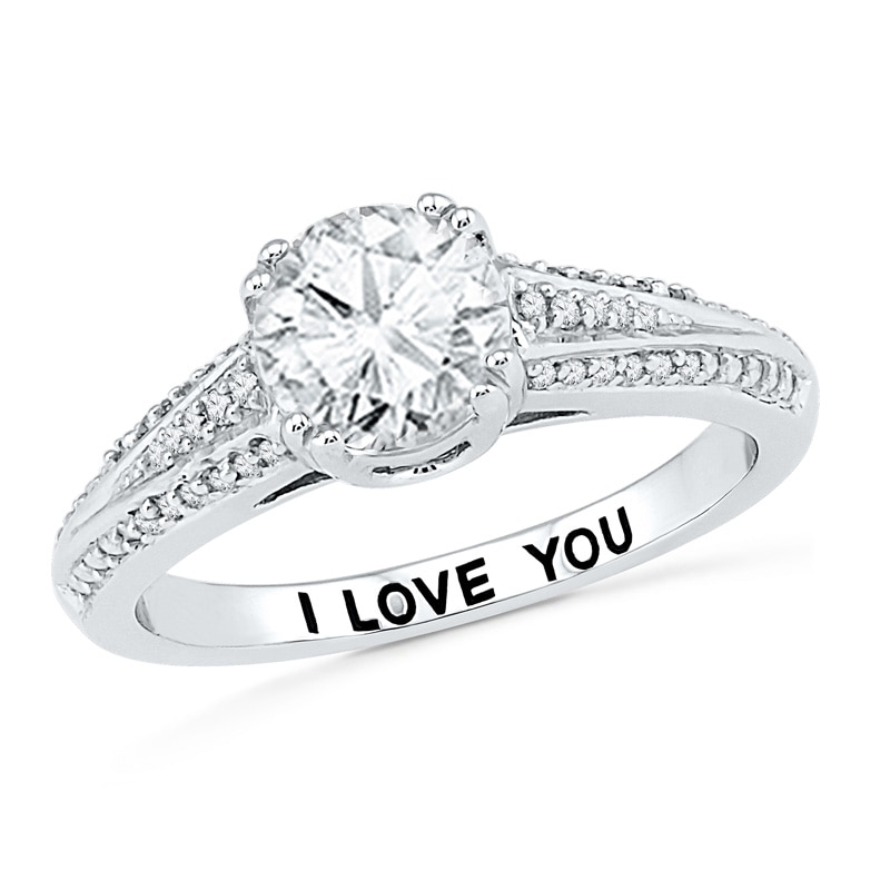 6.5mm Lab-Created White Sapphire and 1/5 CT. T.W. Diamond Promise Ring in 10K White Gold (10 Characters)