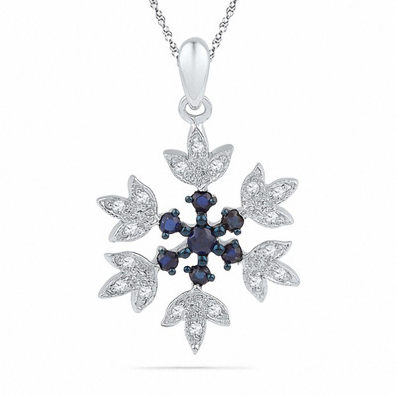 Lab-Created Blue Sapphire and Diamond Accent Snowflake Pendant in Sterling Silver