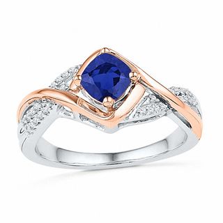 5.0mm Cushion-Cut Blue Lab-Created Sapphire and 0.07 CT. T.W. Diamond Ring in Sterling Silver and 10K Rose Gold|Peoples Jewellers