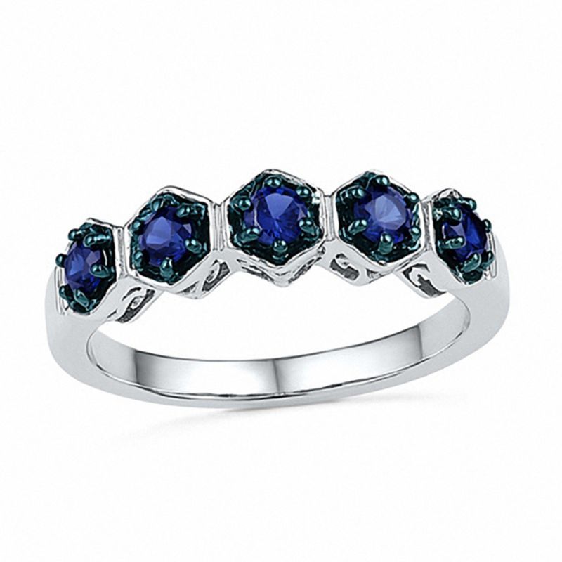 Blue Lab-Created Sapphire Hexagon Frame Five Stone Ring in Sterling Silver