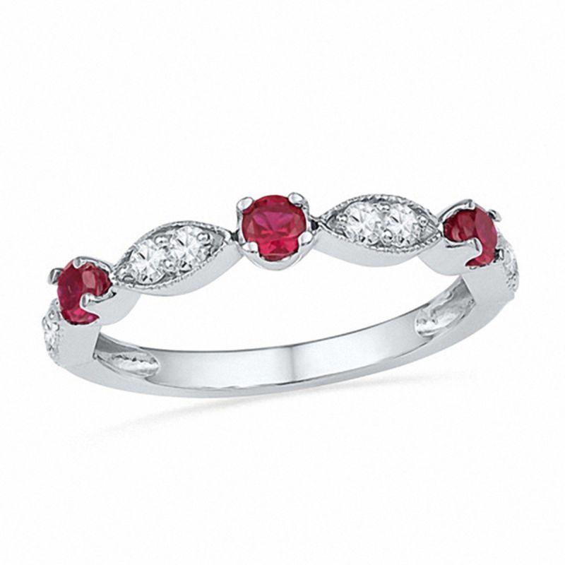Alternating Lab-Created Ruby and White Lab-Created Sapphire Duo with Marquise Frame Ring in Sterling Silver