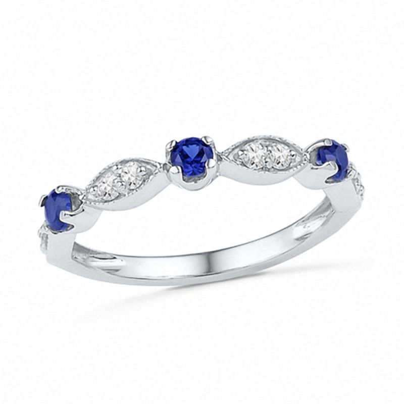 Alternating Blue Lab-Created Sapphire and White Lab-Created Sapphire Duo with Marquise Frame Ring in Sterling Silver