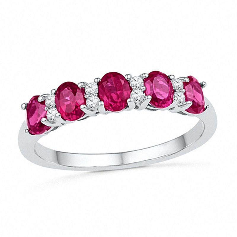 Alternating Oval Lab-Created Ruby and White Lab-Created Sapphire Ring in Sterling Silver