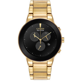 Men's Citizen Eco-Drive® Axiom Chronograph Gold-Tone Watch with Black Dial (Model: AT2242-55E)|Peoples Jewellers