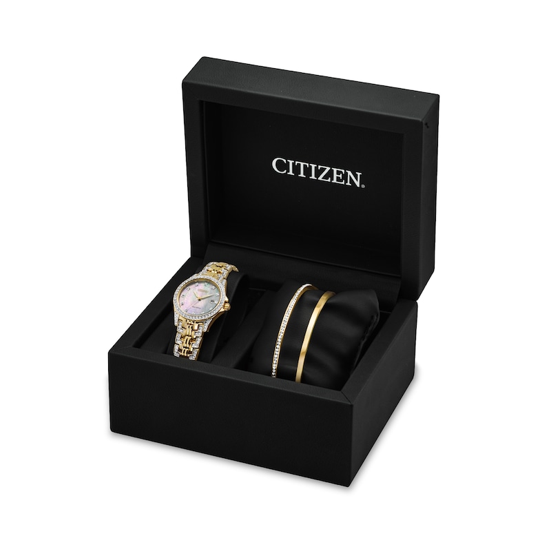 Ladies' Citizen Eco-Drive® Crystal Accent Watch with Mother-of-Pearl Dial and Bracelet Boxed Set (Model: EW1222-76D)