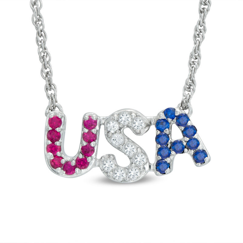 Lab-Created Ruby and White and Blue Sapphire "USA" Necklace in Sterling Silver - 17.5"