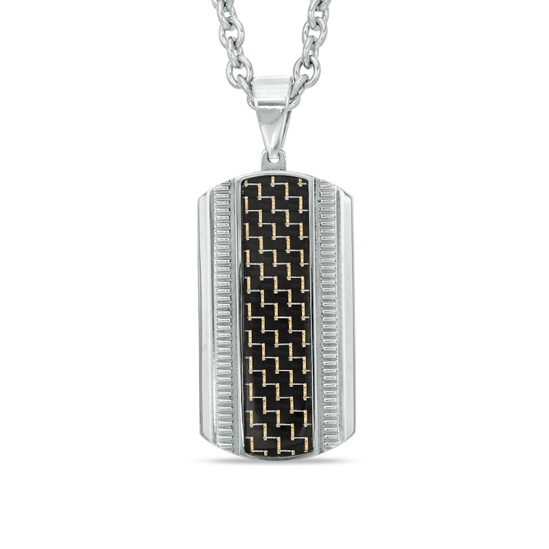 Men's Dog Tag Pendant in Stainless Steel with Black Carbon Fiber Inlay - 24"